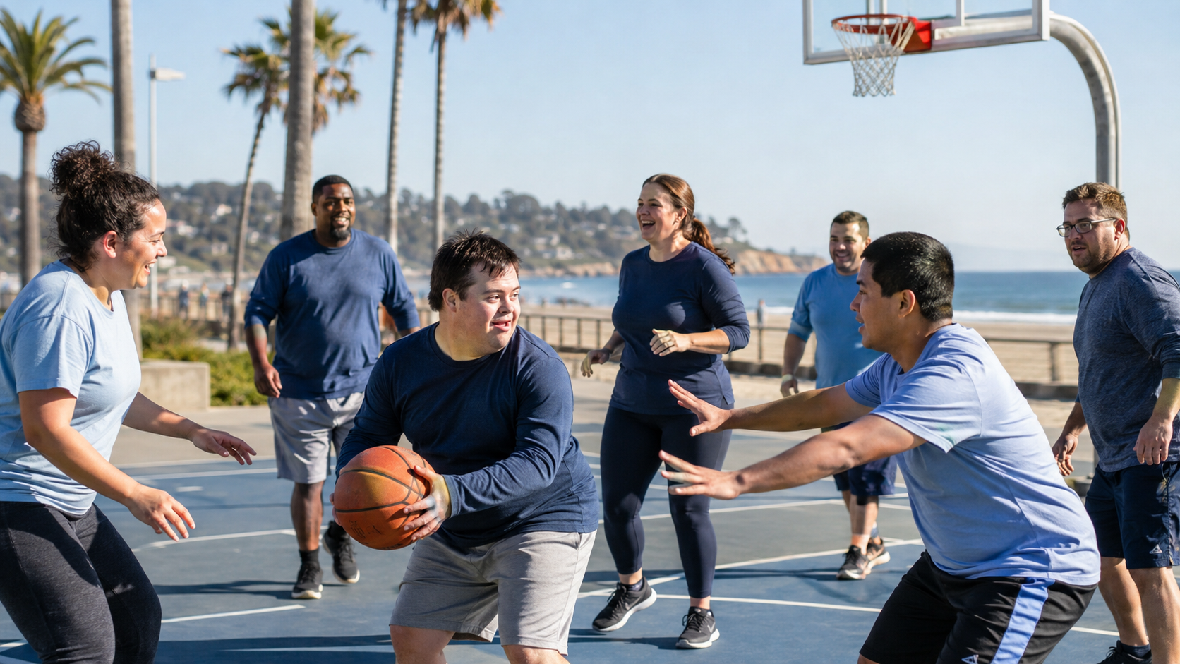 Participants enjoying an inclusive basketball game near the beach